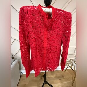 J. Crew Vibrant Red Lace Button-up Blouse